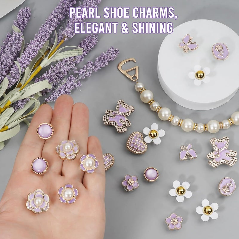 Lugailly Bling Shoe Charms for Girls and Women, Girly Gold Shoe Charms for Clog Sandals, 24 PCS Glitter Pearl Flower Shoes Decoration Bulk, Shoes Chains Pins Charm Accessories - Image 4